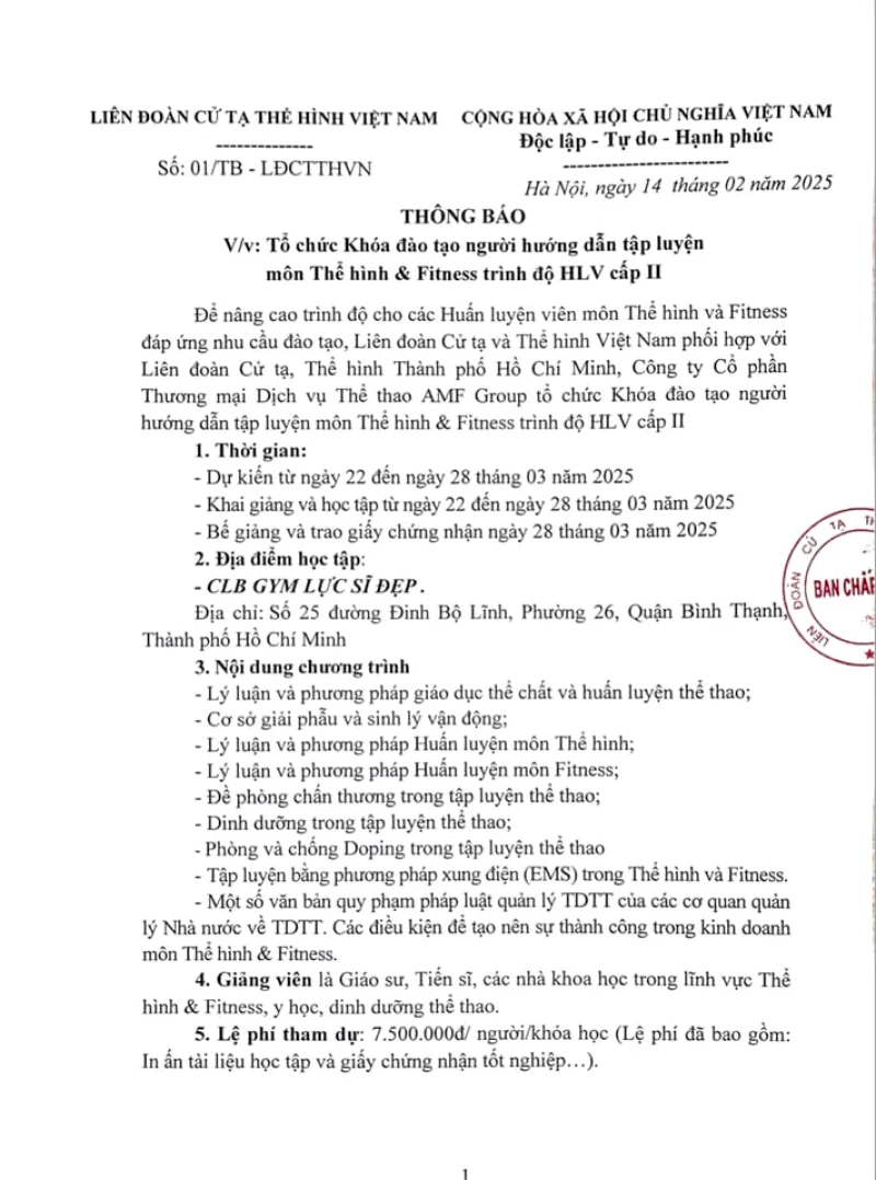 Thông báo Chiêu sinh khóa đào tạo người hướng dẫn tập luyện môn thể hình & fitness cấp II - tháng 03/2025